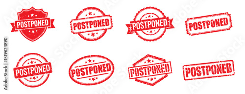 set of red grunge postponed stamp icons vector illustration, for schedule changes and event delay notification
