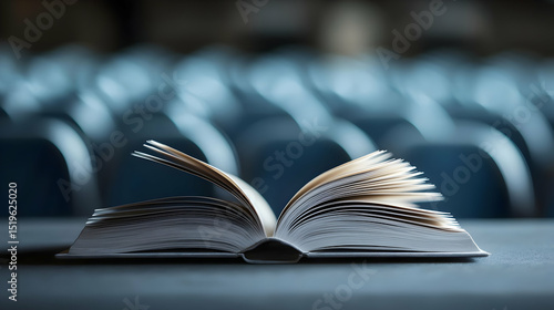 Open Book On Table In Front Of Blurred Chairs