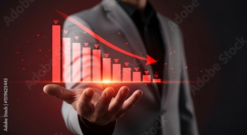 Businessman displays declining financial graph showing market downturn economic crisis recession fall