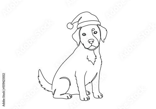 Christmas dog drawing. It is a black and white outline image of a Christmas dog, a festive canine wearing a Santa hat. Vector sketch line art draw.