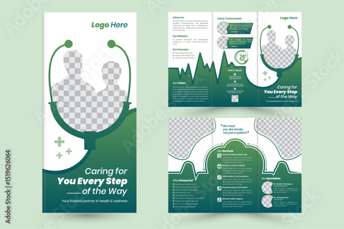 Professional and modern medical healthcare trifold brochure design template with abstract shapes