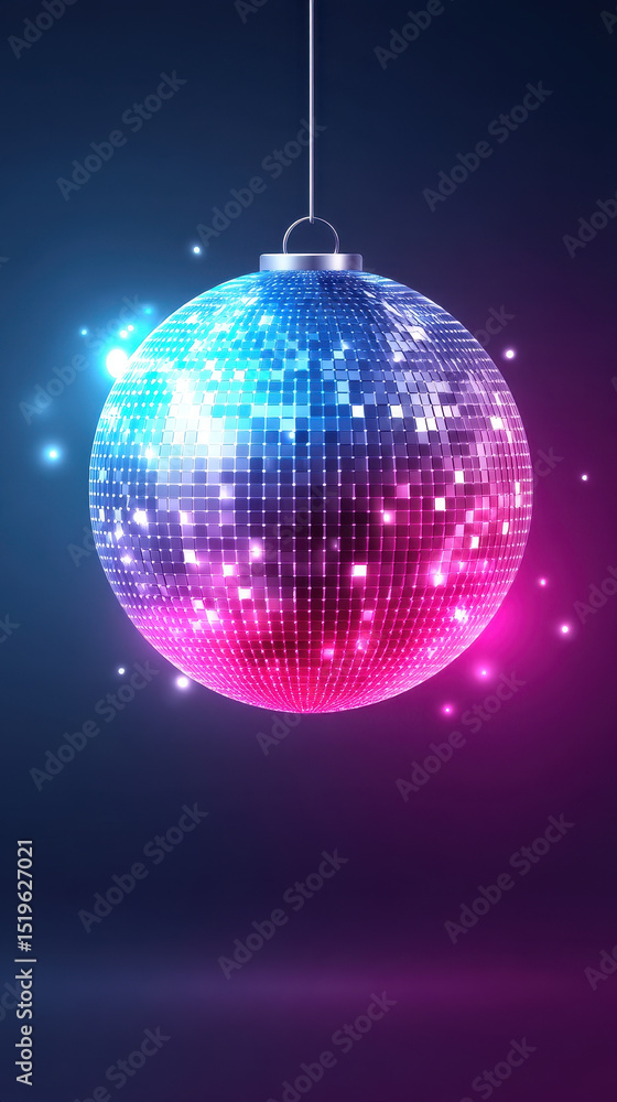 Obraz premium Disco ball glowing with blue and pink lights, sparkling in dark background, creating vibrant and festive atmosphere