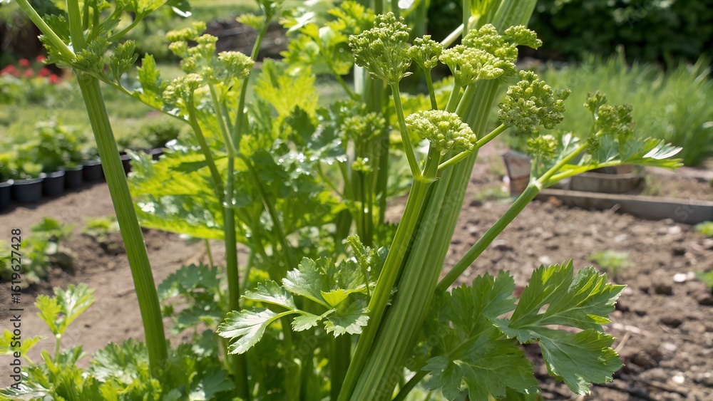 Fototapeta premium Fresh celery seed stalk growing in garden