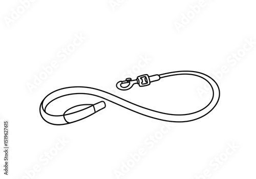 Dog leash drawing. It is a black and white outline image of a dog leash, a pet accessory for walking and control. Vector sketch line art draw.