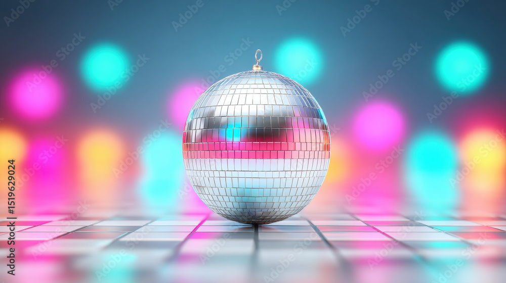 Obraz premium Retro disco ball with vibrant colorful lights reflecting on shiny tiled floor creating festive party atmosphere