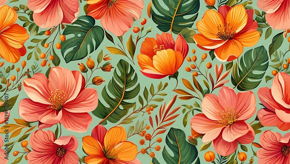 Naklejka premium Vibrant Tropical Floral Pattern Seamless Design with Lush Orange and Pink Flowers and Monstera Leaves