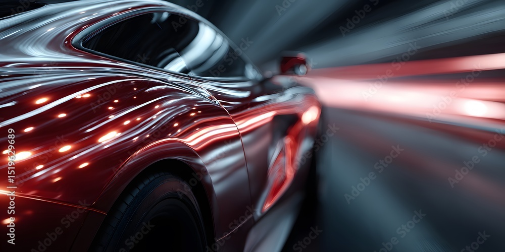 Gleaming metallic red sports car panel close-up. Strong curve, light streaks on polished surface imply speed. Dark, moody. Sleek, modern, luxurious. Gleaming metallic red sports car panel close-up. Strong curve, light streaks on polished surface imply speed. Dark, moody. Sleek, modern, luxurious.