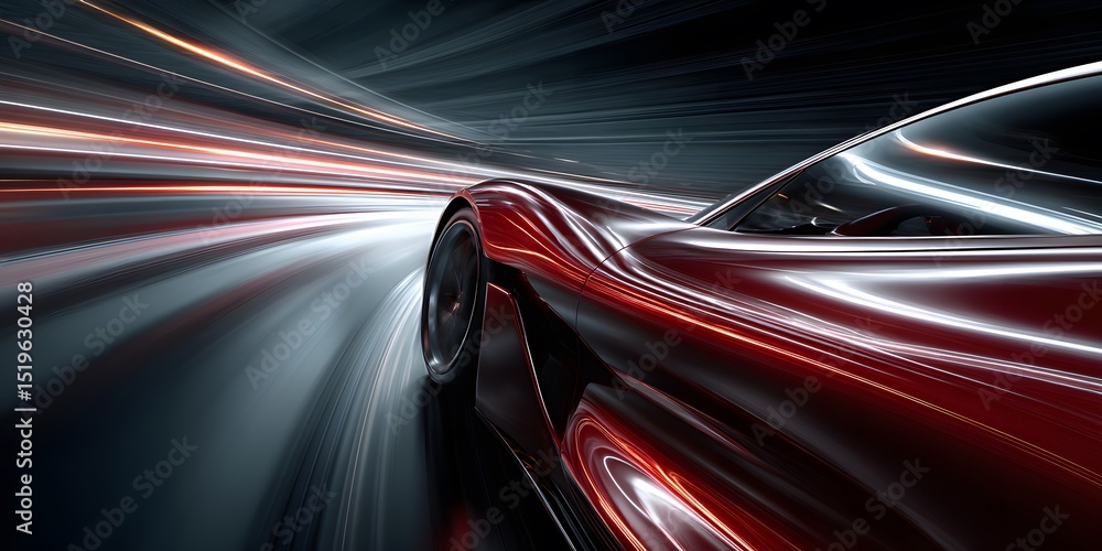 Gleaming metallic red sports car panel close-up. Strong curve, light streaks on polished surface imply speed. Dark, moody. Sleek, modern, luxurious. Gleaming metallic red sports car panel close-up. Strong curve, light streaks on polished surface imply speed. Dark, moody. Sleek, modern, luxurious.