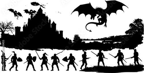 Black silhouette of knights on background of castle attacked by dragon. Fantasy landscape. Medieval panorama
