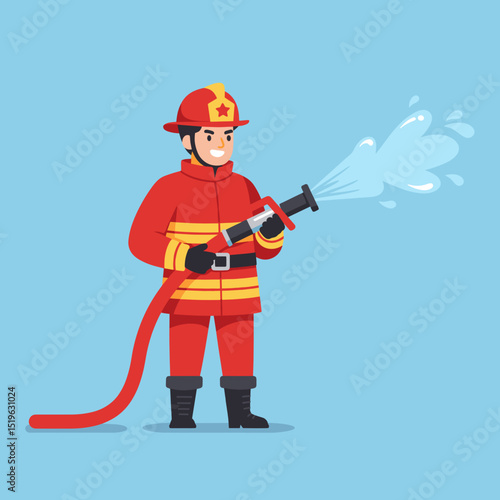 Firefighter spraying water to extinguish flames in a bright blue background scene