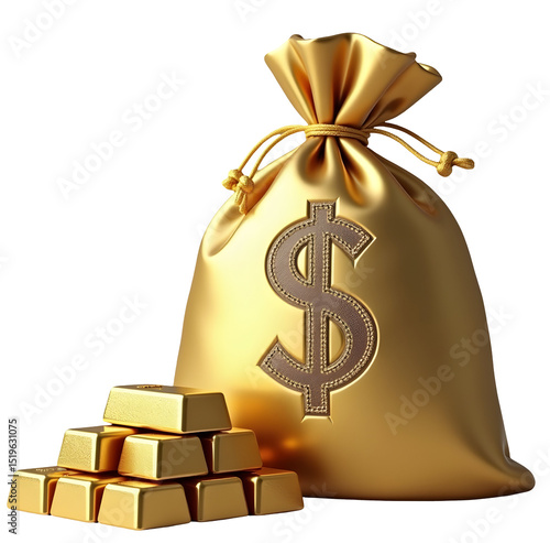 Golden money bag with dollar sign and gold bars stacked, symbolizing wealth and success