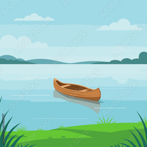Serene lake landscape with a wooden canoe drifting peacefully under blue skies