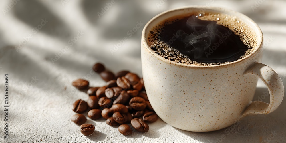 Fototapeta premium Steaming hot black coffee in minimalist white mug on light wood. Roasted beans scattered beside. Soft morning window light creates gentle highlights. Warm, inviting.