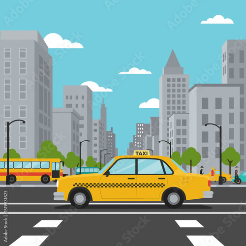 Urban cityscape featuring yellow taxis on a busy street under a clear blue sky