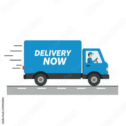 Delivery truck speeding through a cityscape, emphasizing quick service and efficiency