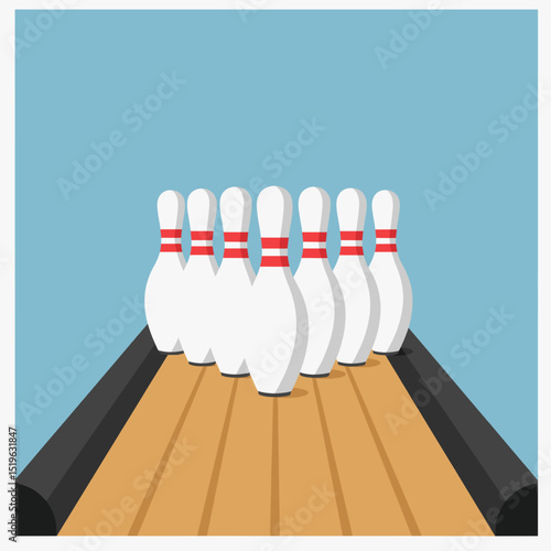 A vibrant bowling alley scene featuring neatly arranged pins ready for a game
