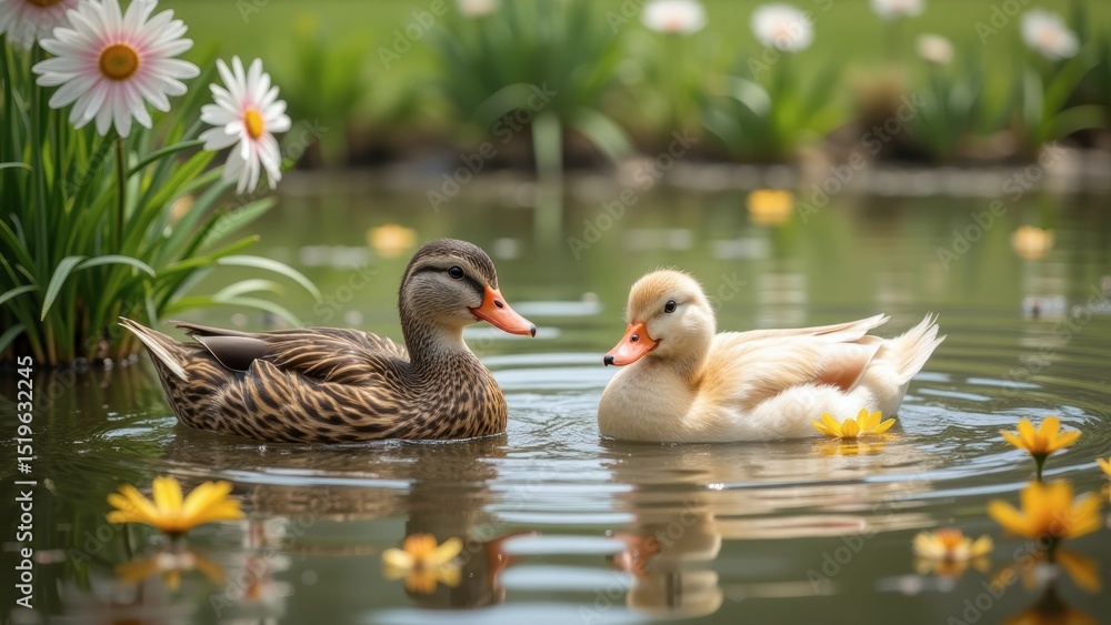 Mallard Ducks Swimming in Pond with Yellow Flowers, Spring Wildlife Mallard Ducks Swimming in Pond with Yellow Flowers, Spring Wildlife