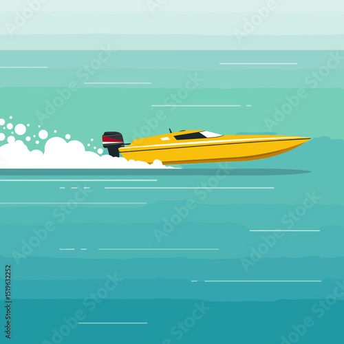 Vibrant yellow speedboat racing across turquoise waters with splashes and gentle waves