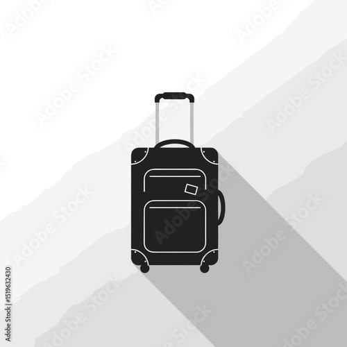 Black suitcase with wheels and handle standing against a minimalist background