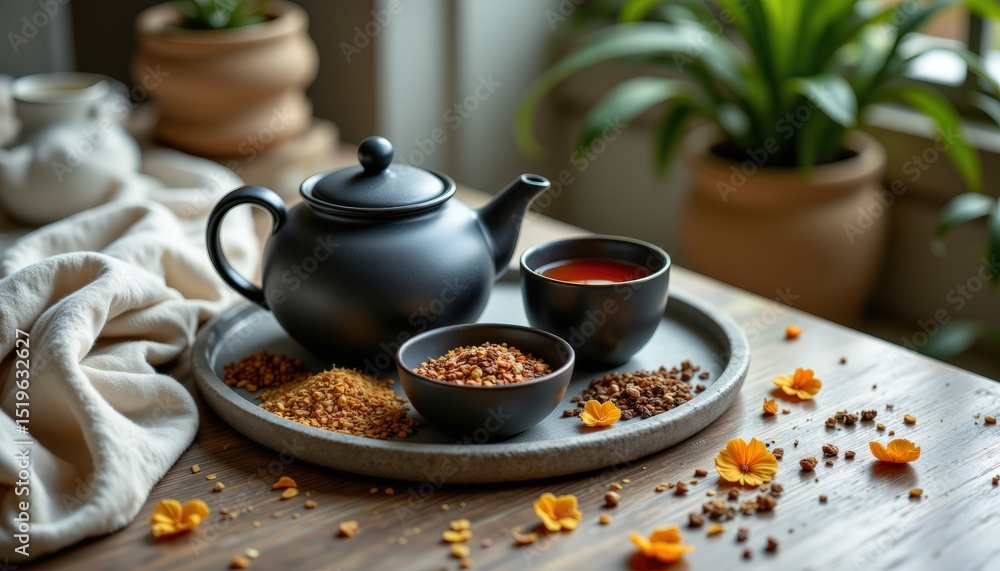 Fototapeta premium natural flat lay of luxury tea setup featuring a matte black teapot, dried herbal blends