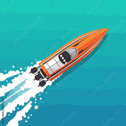 A vibrant orange speedboat racing across turquoise waters, creating waves behind it