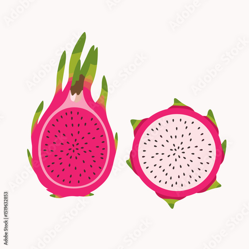 Vibrant dragon fruit halves showcasing bright pink skin and white flesh, ideal for food photography