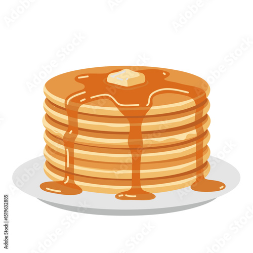 Stack of fluffy pancakes drizzled with syrup and topped with butter, perfect for breakfast