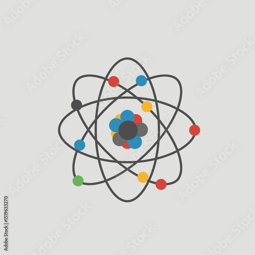 Abstract illustration of an atom with colorful electrons orbiting around a nucleus