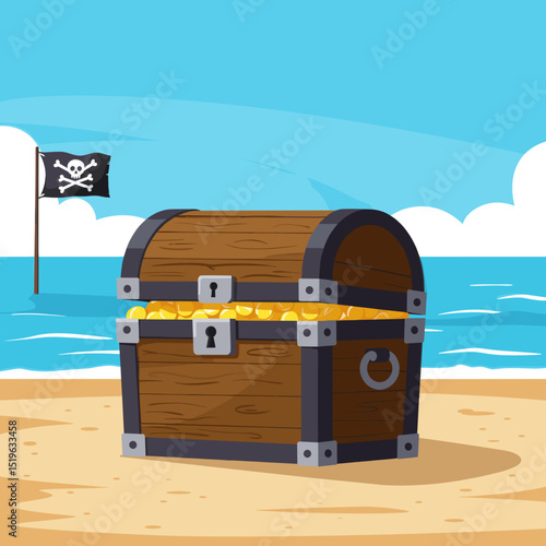 Treasure chest overflowing with gold coins on a sunny beach with pirate flag nearby