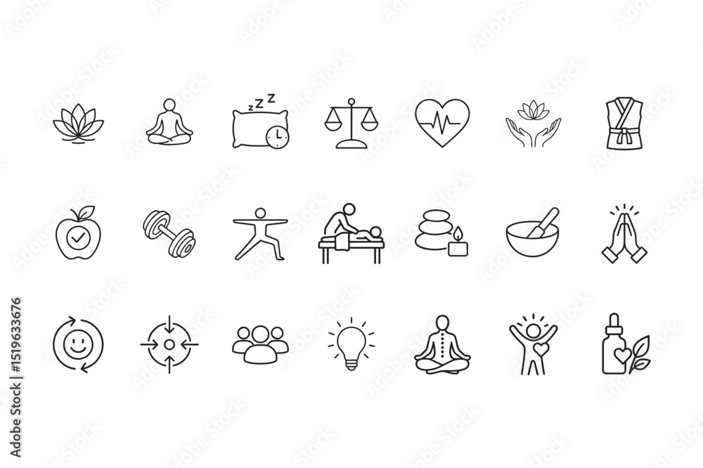 Fototapeta premium Wellness and Health Outline Icons Set – Editable Stroke, Flat Vector Illustration | Meditation, Yoga, Fitness, Spa, Mindfulness – 64x64 Pixel Perfect