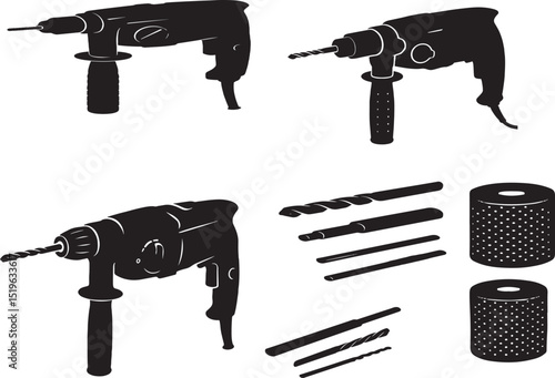Set of Metal Drill Bits and machine  Isolated on White Background