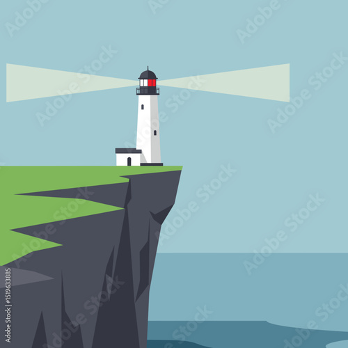 A serene lighthouse standing tall against a clear blue sky, with gentle waves nearby