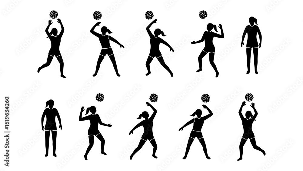 A woman skillfully playing volleyball, demonstrating different movements in a dynamic illustration. It's a series of action-packed shots that capture the essence of the sport. A woman skillfully playing volleyball, demonstrating different movements in a dynamic illustration. It's a series of action-packed shots that capture the essence of the sport.