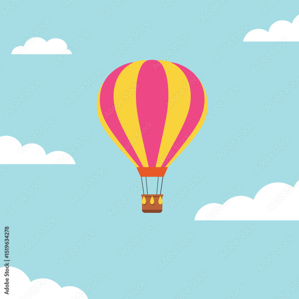 Obraz premium Colorful hot air balloon soaring through a clear blue sky with fluffy clouds