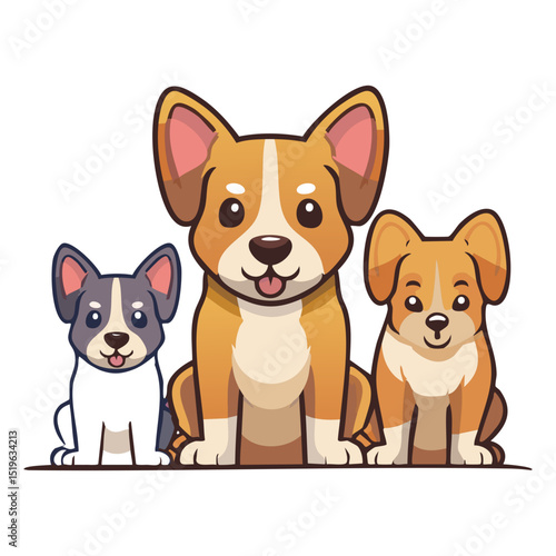 Three adorable corgi dogs sit together in a cute illustration. The corgis each have unique fur patterns and expressions