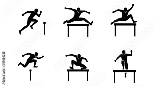 A track and field athlete gracefully overcoming hurdles, demonstrating athletic prowess. Dynamic silhouette captures the essence of speed and agility