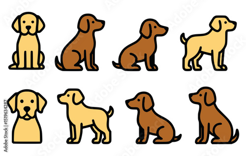 Various adorable dog breeds illustrated in a line, each with unique poses, offering a diverse representation of canine companions