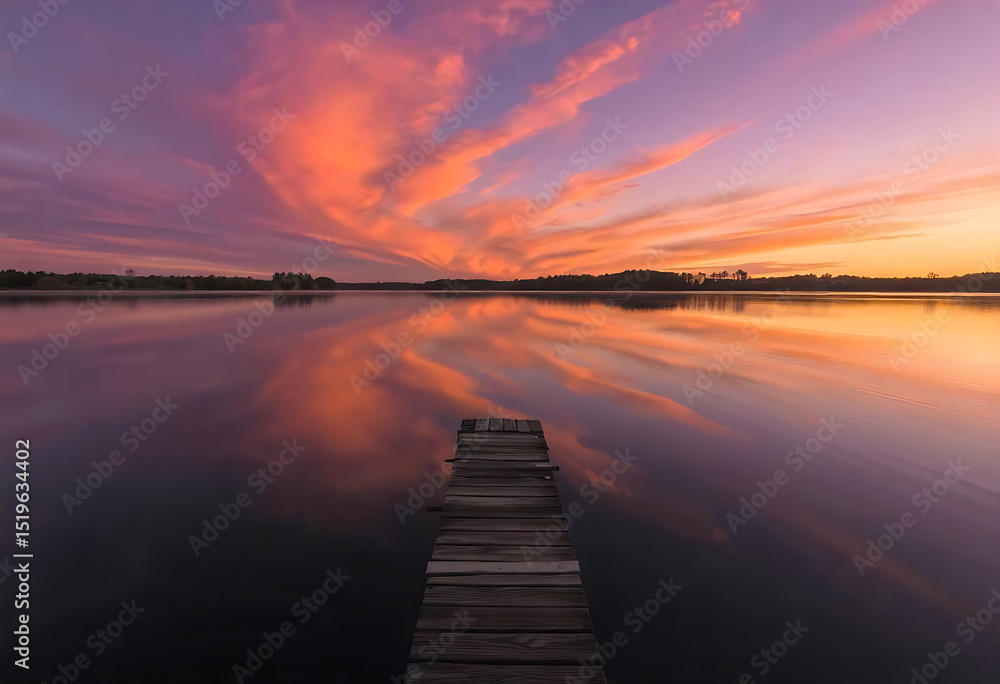Fototapeta premium Stunning sunset sky reflecting on tranquil lake with wooden pier in the foreground