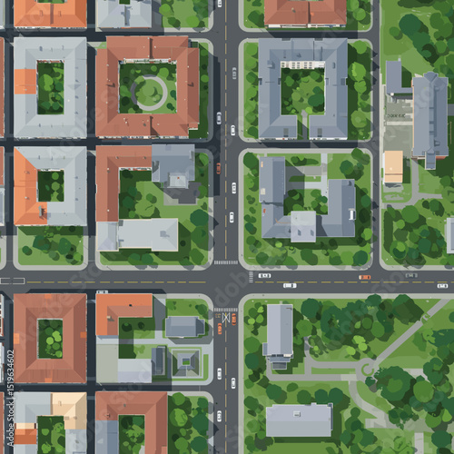 Aerial view of a suburban neighborhood showcasing residential buildings and greenery