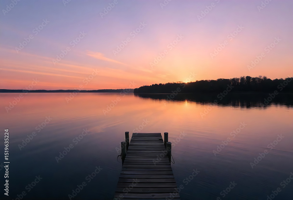 Fototapeta premium Wooden dock extending into serene lake at sunset with beautiful orange and purple sky