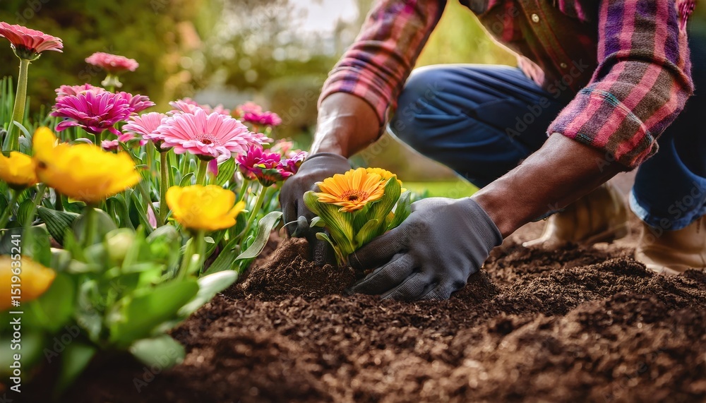 Fototapeta premium Gardener's hands carefully planting vibrant flowers into rich garden soil, nurturing spring blooms 