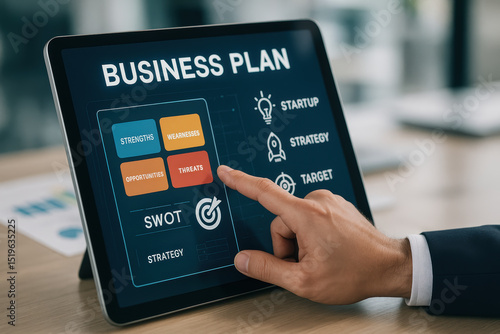 Business Plan Presentation on Tablet with SWOT Analysis for Strategic Planning and Management