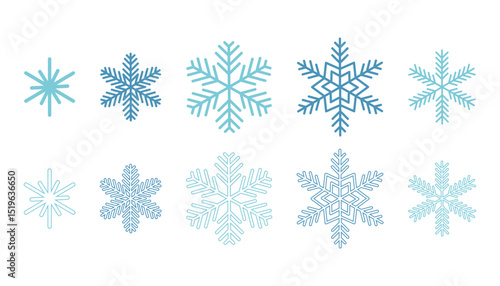 Collection of different snowflakes in filled and outline styles, drawn in flat cartoon design. A festive, wintry set perfect for Christmas decoration, cards, patterns, or seasonal graphic projects.
