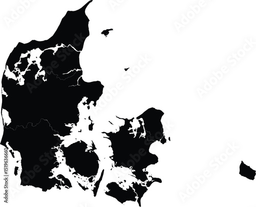 black silhouette map of denmark with internal divisions for geographic illustration