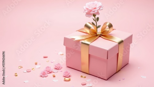 Elegant Gift Box with Pink Rose and Gold Ribbon on Pastel Background