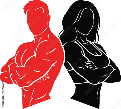 Silhouette illustration of fit man and woman in athletic poses for fitness and health concepts