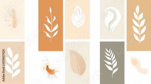 Set of minimalist botanical illustrations. Abstract leaves and branches in beige, brown and white colors. Perfect for wall art, social media, and home decor.