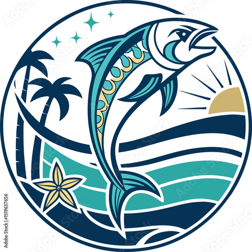 Logo Ikan Tropis Melompat — Simbol Pantai, Laut, dan Alam Tropis