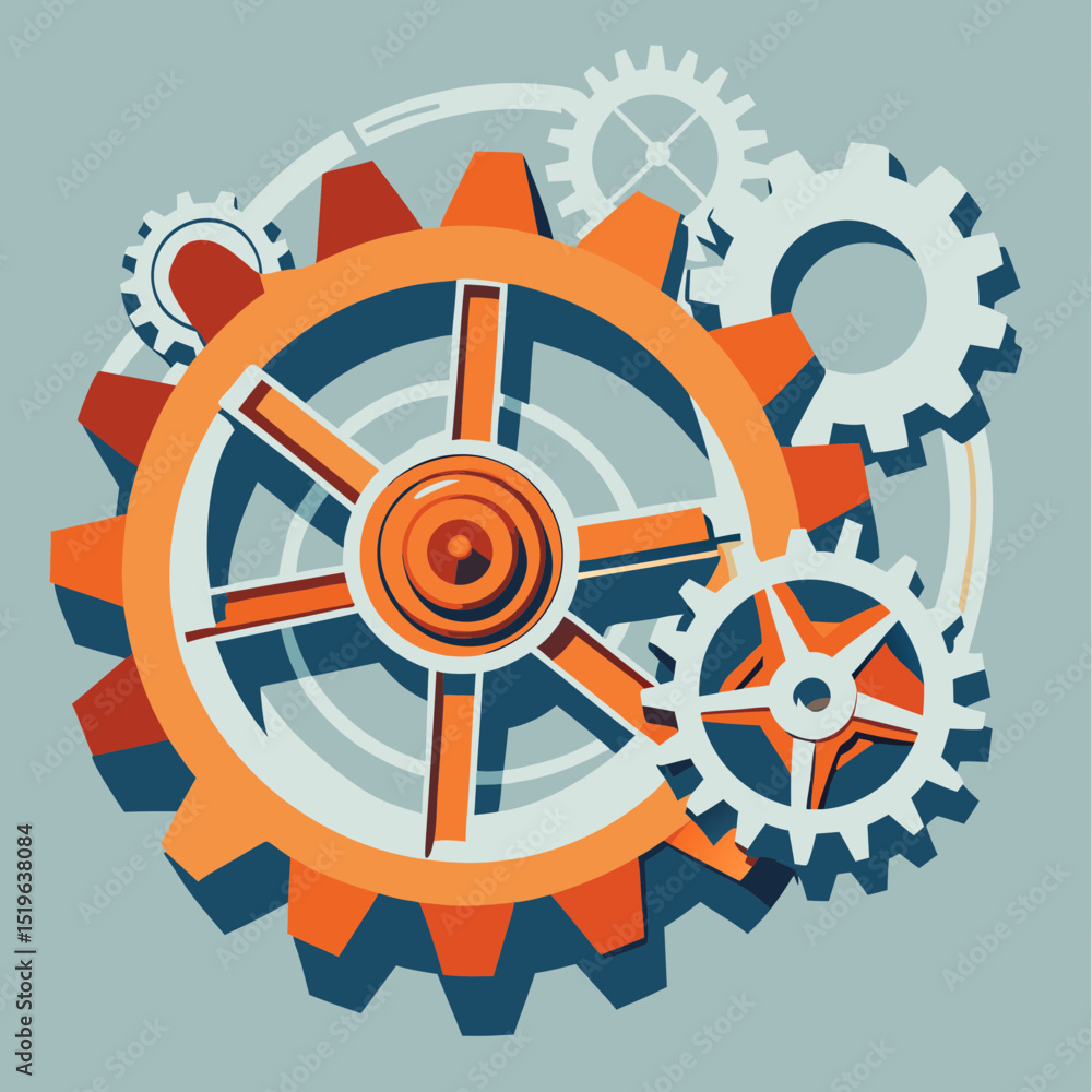 Obraz premium Interlocking gears in bright orange and blue vector design