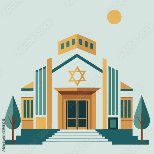 Jewish synagogue building in flat vector style with trees